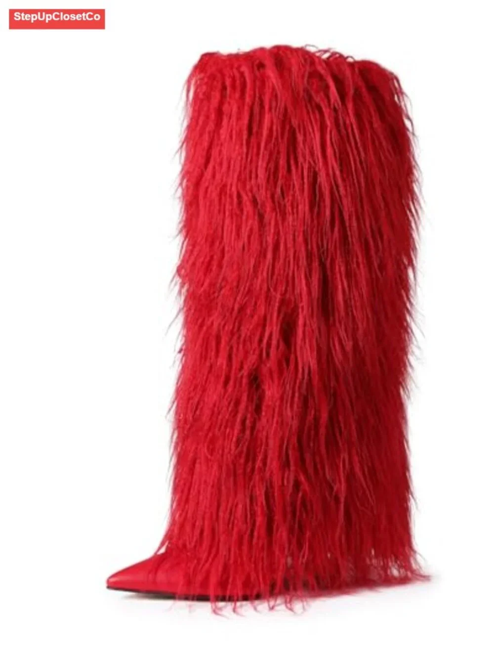Faux Fur Faux Leather Wide Calf Knee High Stiletto Boots Women Pointed Toe